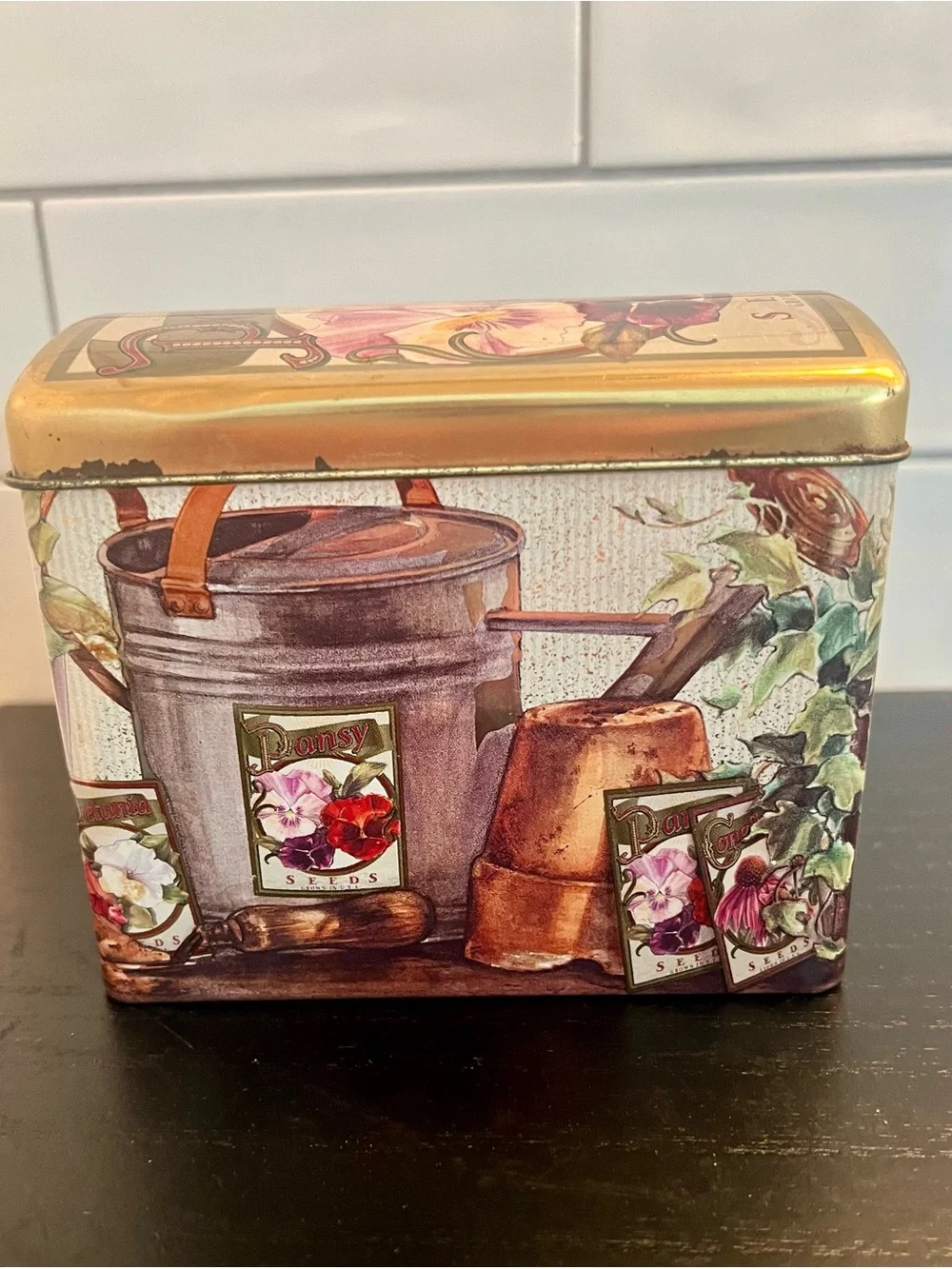 Decorative Garden Pansy Seeds Tin Storage Box - Gold and Brown